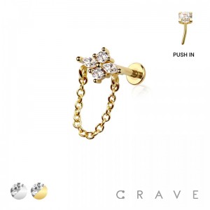 FLOWER MARQUISE CZ CHAIN TOP 316L SURGICAL STEEL THREADLESS (PUSH IN ) LABRET SET